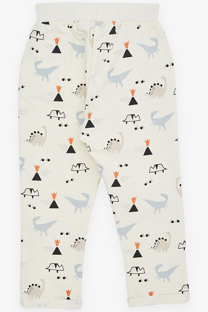 Boys' Sweatpants Dinosaur Printed Pocket Laces Accessory Cream (1-4 Years)