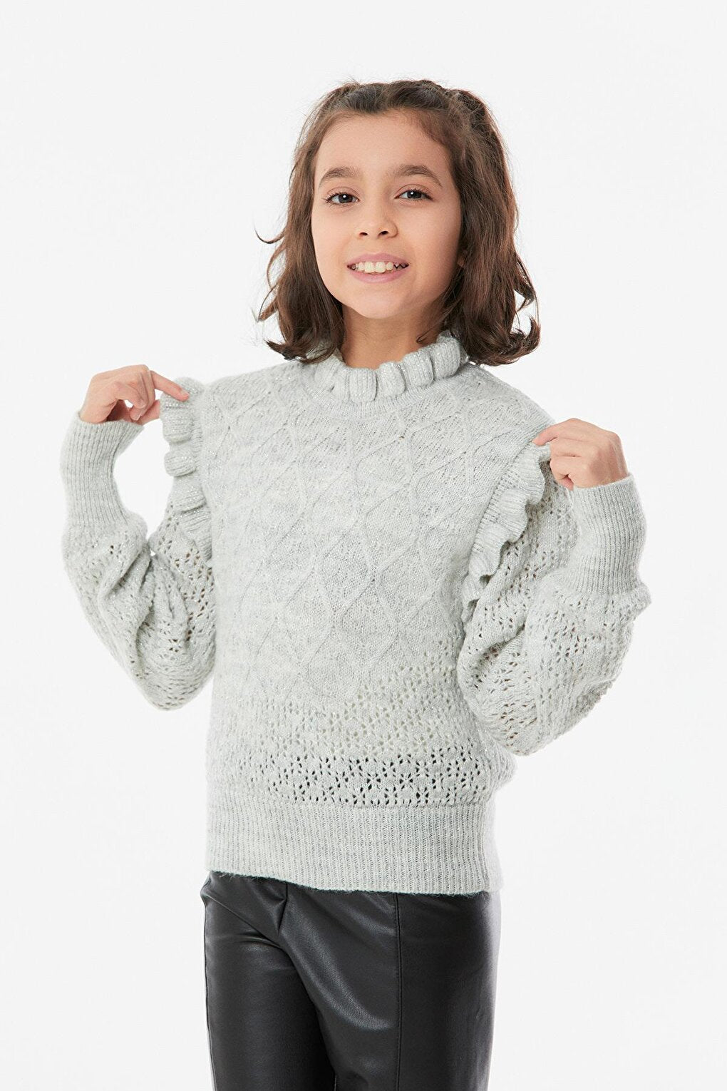 Girls' Sweater with Glitter Collar and Ruffles on the Shoulders