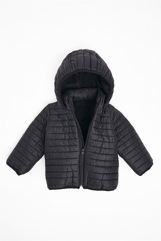 Boy's Black Colored Hooded Coat with Fleece Inside