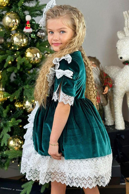 Girl's Guipure Embroidered Vintage Green Velvet Dress