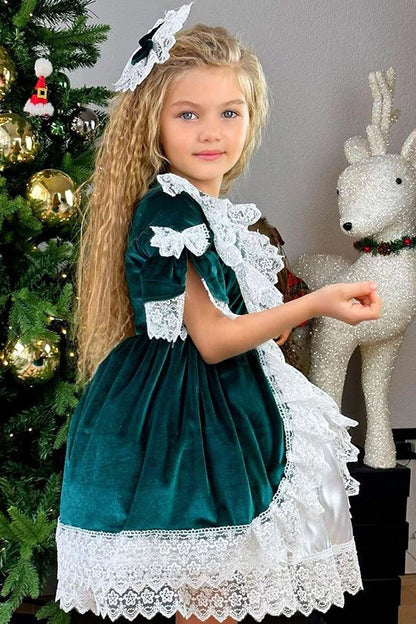 Girl's Guipure Embroidered Vintage Green Velvet Dress