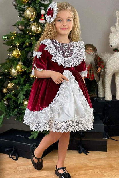 Girl's Guipure Embroidered Vintage Burgundy Velvet Dress