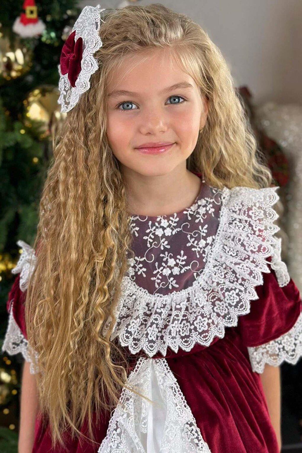 Girl's Guipure Embroidered Vintage Burgundy Velvet Dress