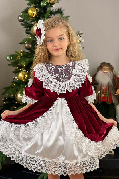 Girl's Guipure Embroidered Vintage Burgundy Velvet Dress