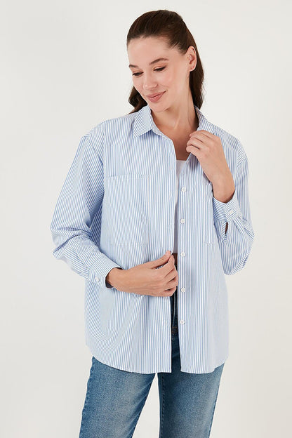 Striped Cotton Blend Double Pocket Oversize Woven Shirt 6110359