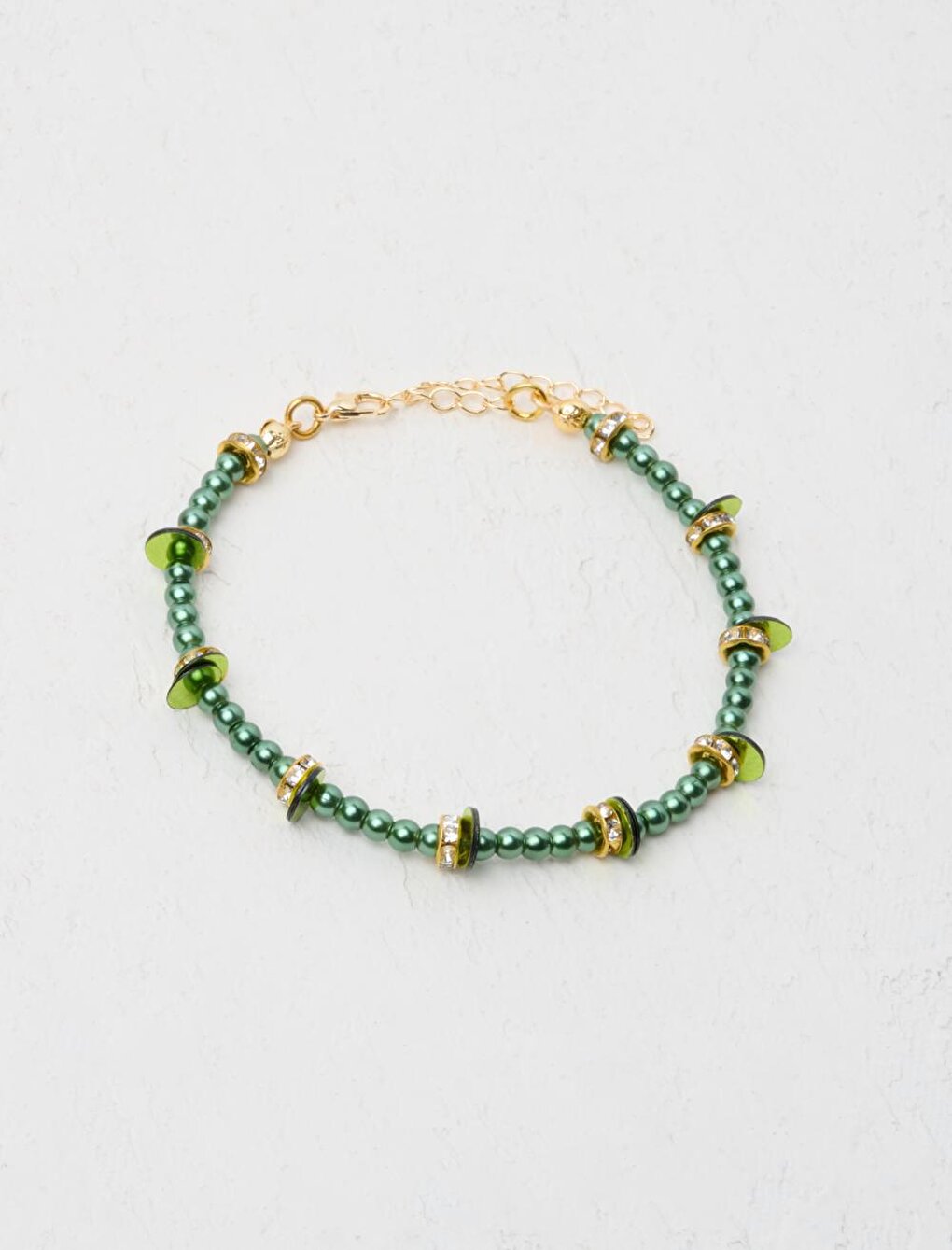 Dark Green Shiny Stone Detailed Beaded Adjustable Bracelet