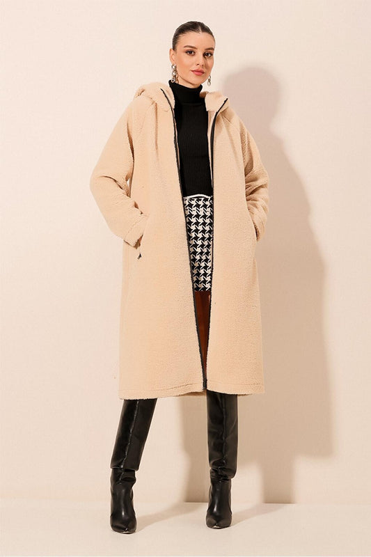 9132 Hooded Plush Coat - Cream