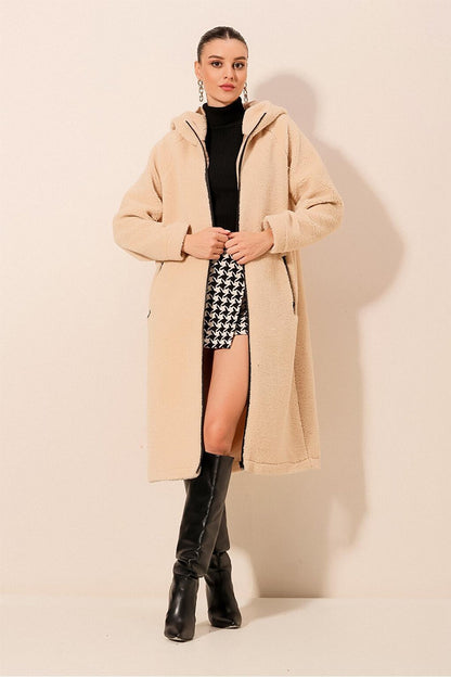 9132 Hooded Plush Coat - Cream