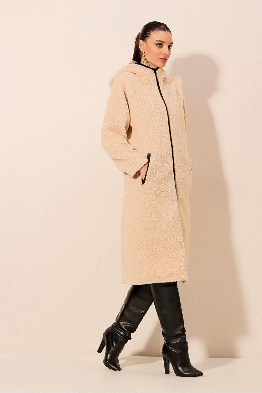 9132 Hooded Plush Coat - Cream