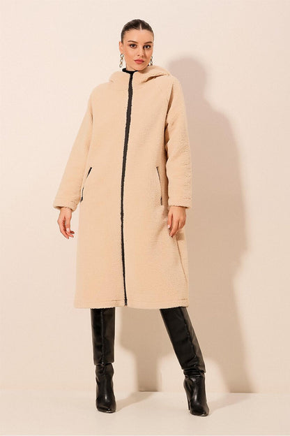 9132 Hooded Plush Coat - Cream