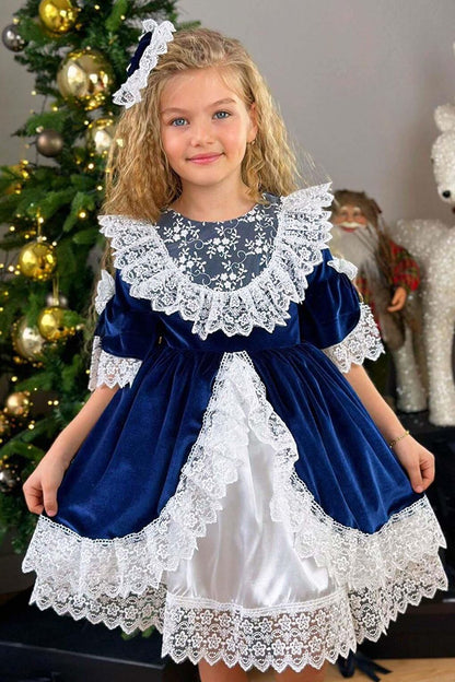 Girl's Guipure Embroidered Vintage Navy Blue Velvet Dress