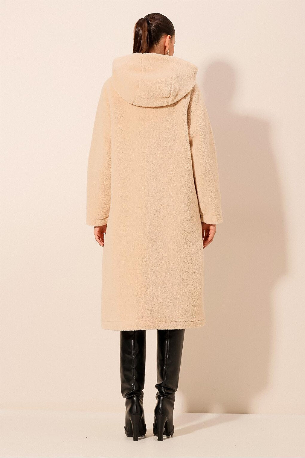 9132 Hooded Plush Coat - Cream