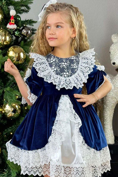 Girl's Guipure Embroidered Vintage Navy Blue Velvet Dress