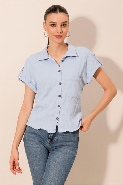 20182 - Women's Double Sleeve Crinkle Shirt - Blue