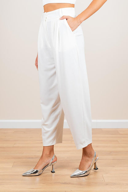 Women's White Tube Leg Balloon Fit Pleated Stylish Trousers