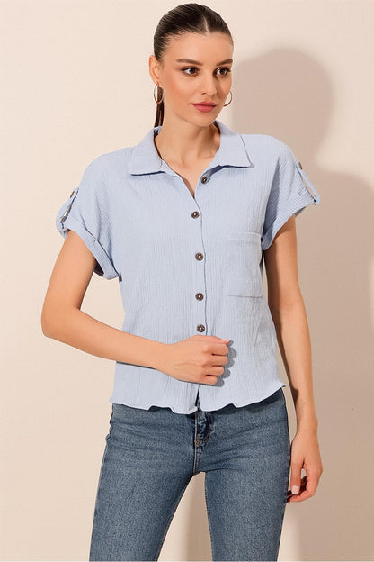 20182 - Women's Double Sleeve Crinkle Shirt - Blue