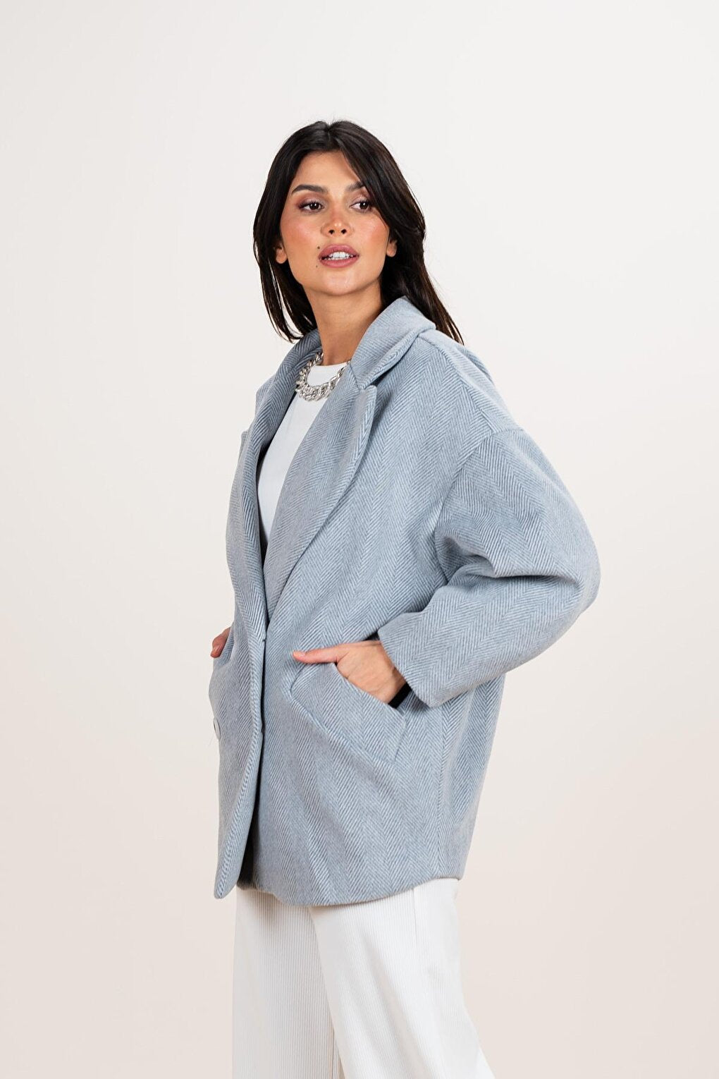 Women's Gray Melange Herringbone Oversize Cashmere Coat