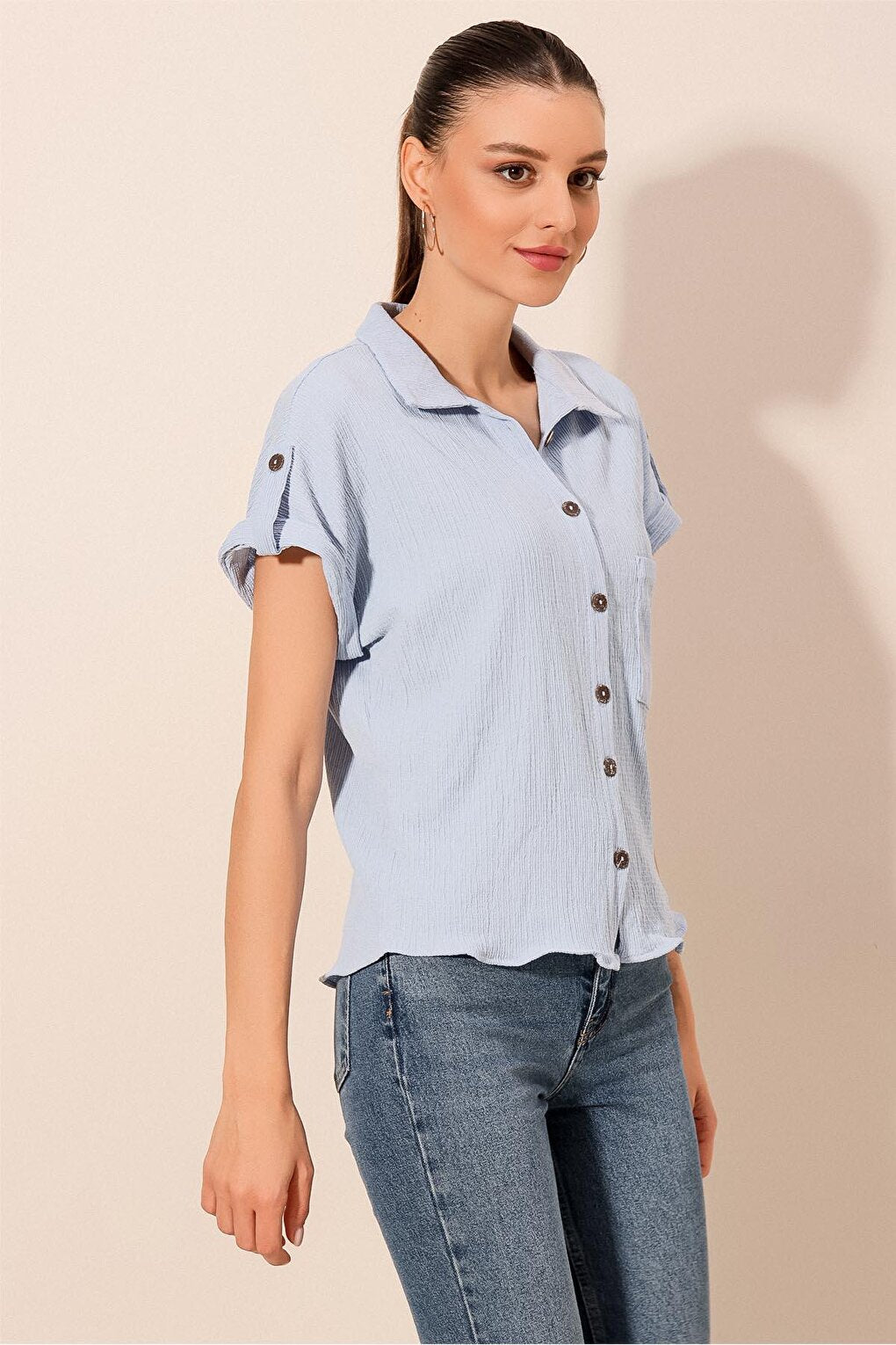 20182 - Women's Double Sleeve Crinkle Shirt - Blue