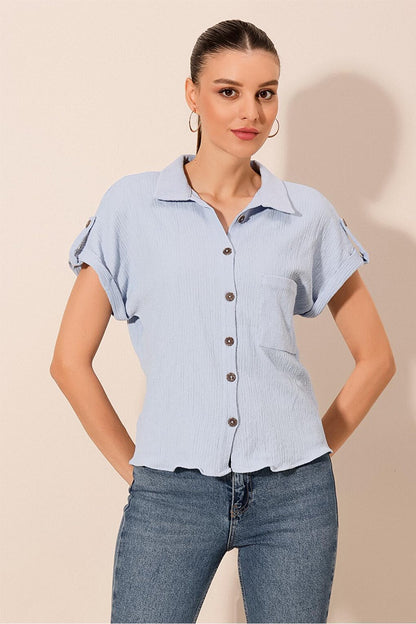 20182 - Women's Double Sleeve Crinkle Shirt - Blue