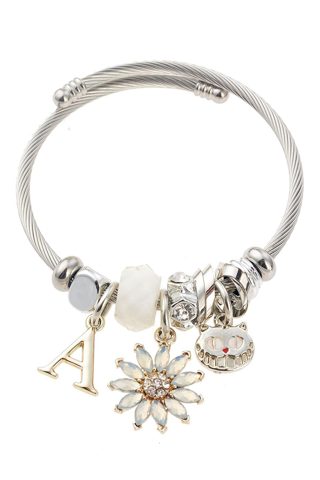 Silver Bracelet with Cream Flower Cat Figure