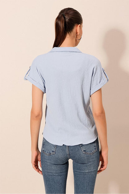 20182 - Women's Double Sleeve Crinkle Shirt - Blue