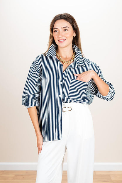 Women's Navy Blue Striped Oversize Shirt with Chest Pocket