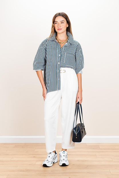 Women's Navy Blue Striped Oversize Shirt with Chest Pocket