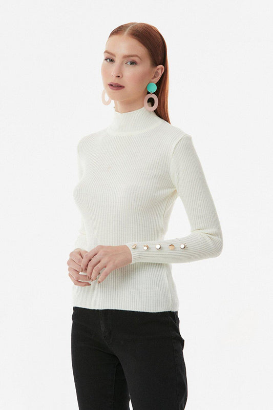 Ribbed Stand Collar Button Detailed Knitwear Sweater