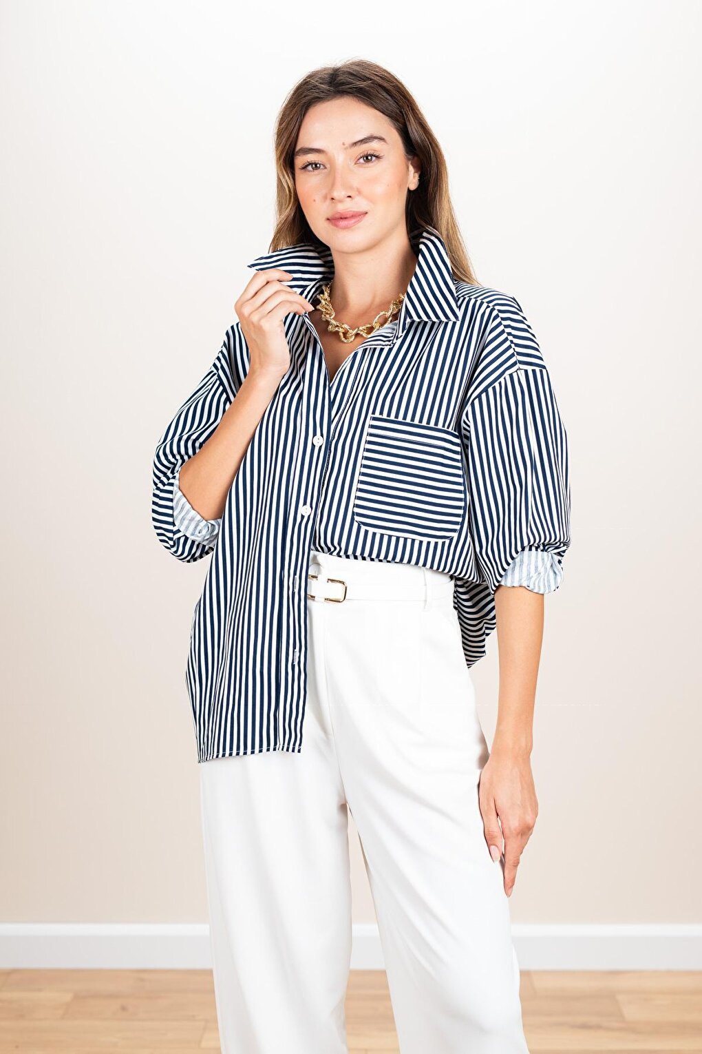 Women's Navy Blue Striped Oversize Shirt with Chest Pocket