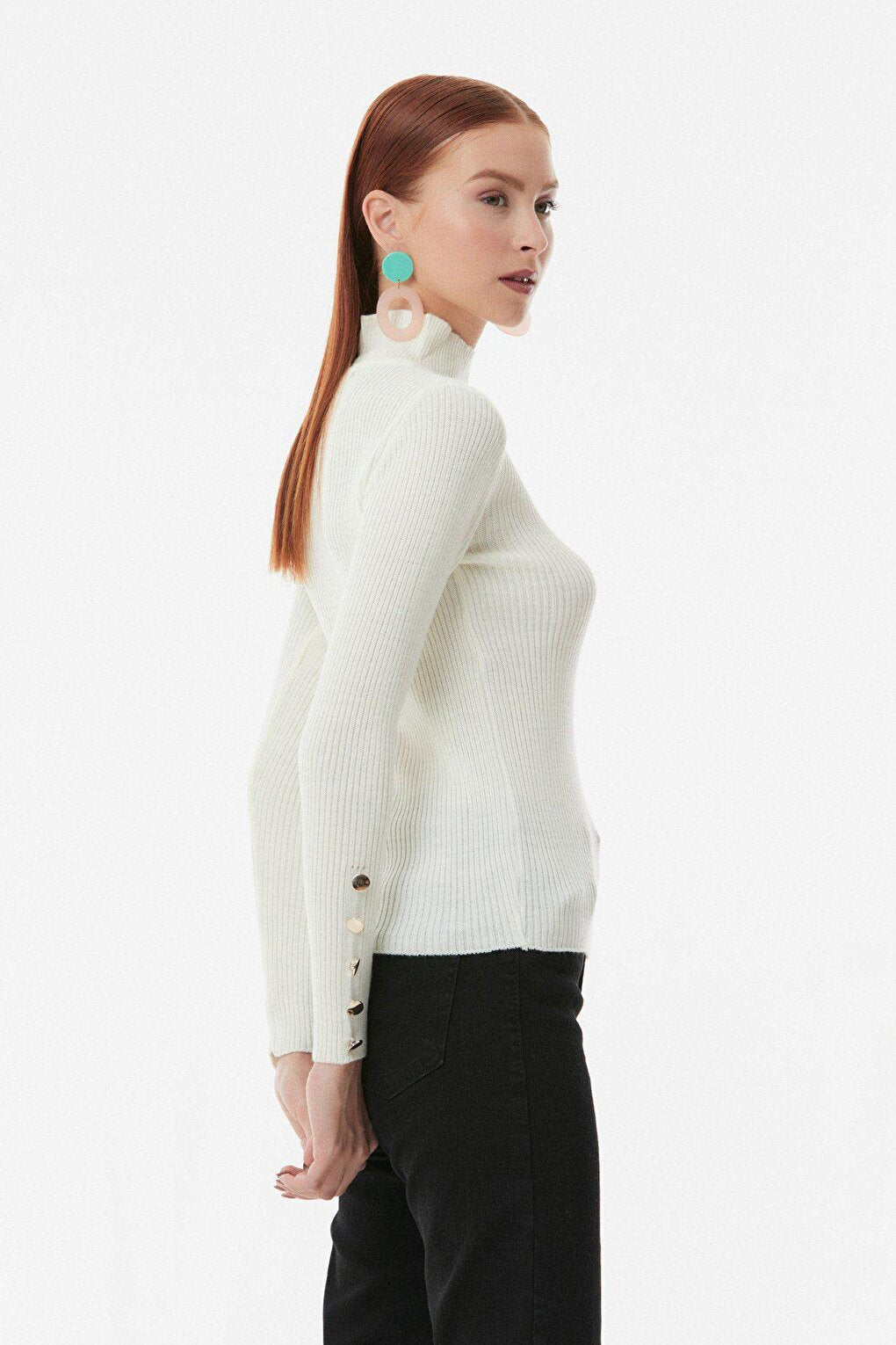 Ribbed Stand Collar Button Detailed Knitwear Sweater