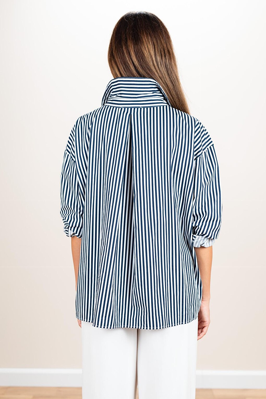 Women's Navy Blue Striped Oversize Shirt with Chest Pocket