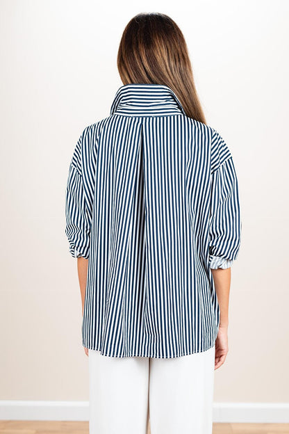 Women's Navy Blue Striped Oversize Shirt with Chest Pocket