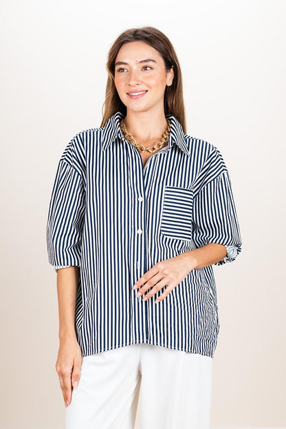 Women's Navy Blue Striped Oversize Shirt with Chest Pocket