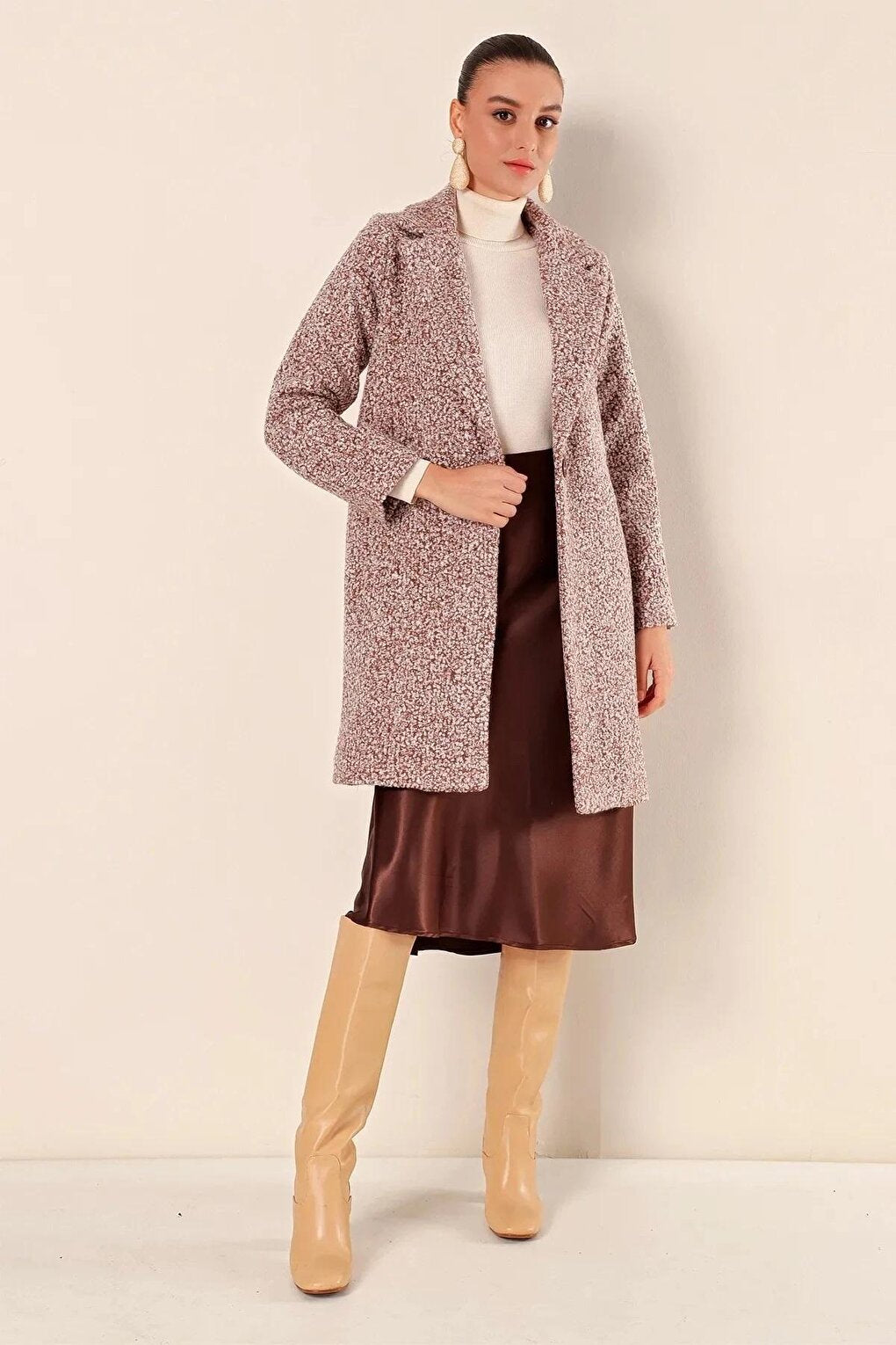 Women's Brown Single Button, Lined, Pocket, Wrapped Cashew Coat