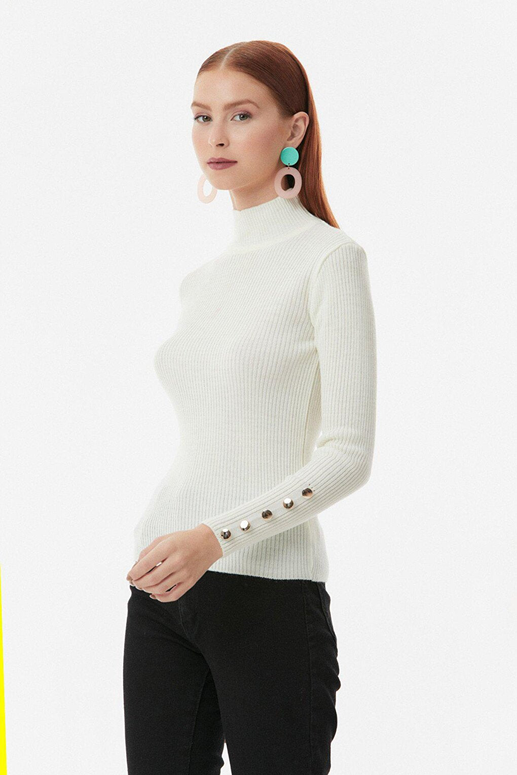 Ribbed Stand Collar Button Detailed Knitwear Sweater