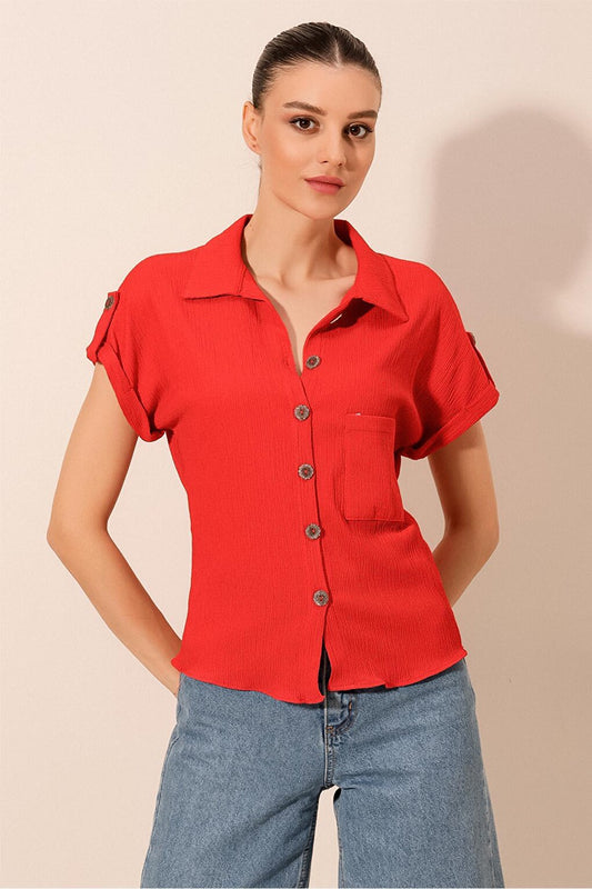 20182 - Double Sleeve Women's Crinkle Shirt - Red