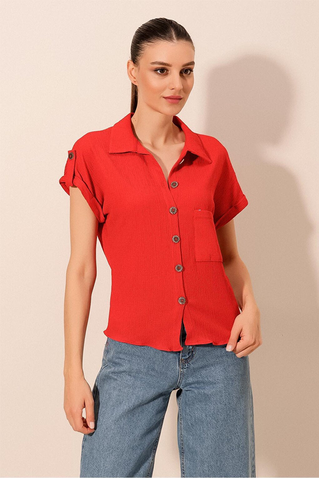 20182 - Double Sleeve Women's Crinkle Shirt - Red