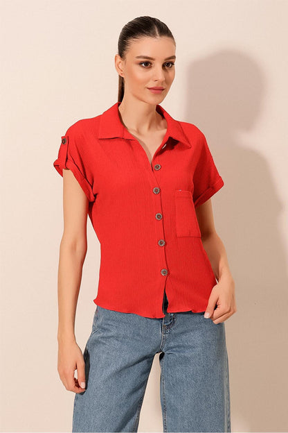 20182 - Double Sleeve Women's Crinkle Shirt - Red