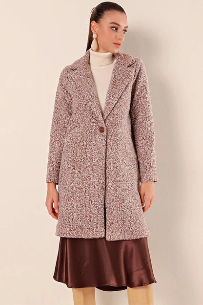 Women's Brown Single Button, Lined, Pocket, Wrapped Cashew Coat