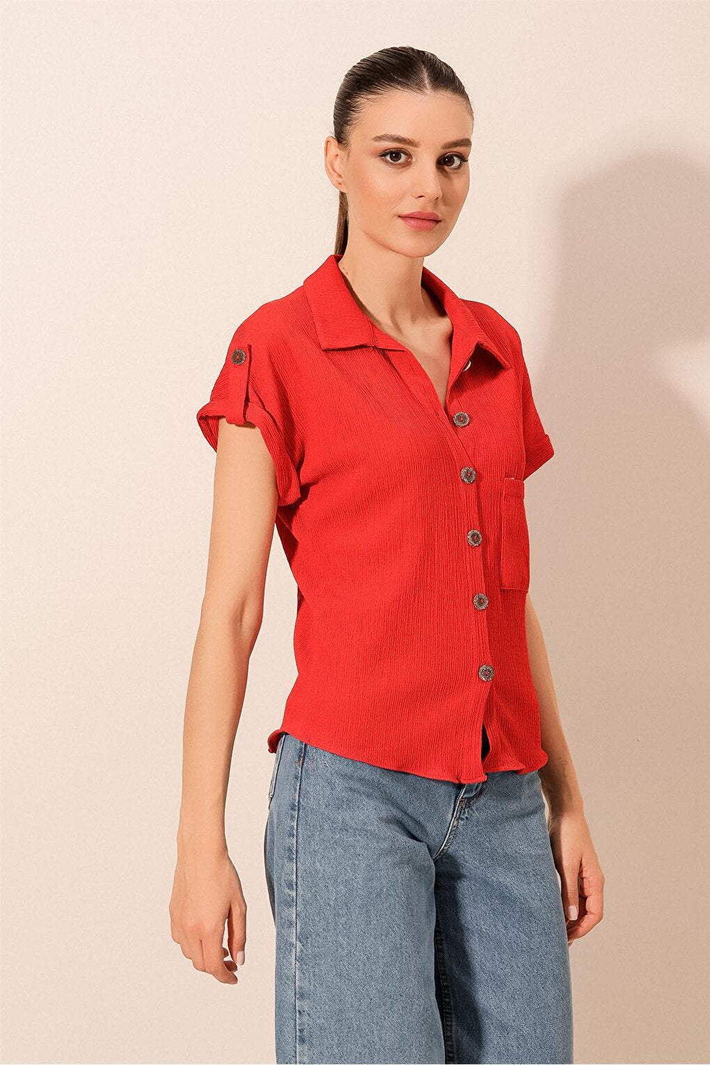 20182 - Double Sleeve Women's Crinkle Shirt - Red