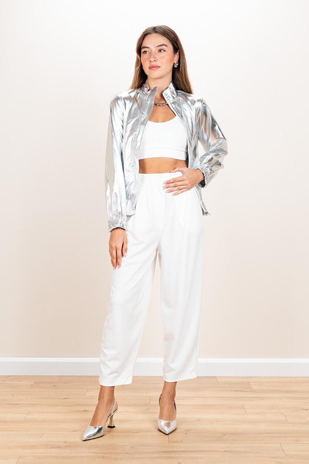 Women's Silver Metallic Lap Bomber Jacket