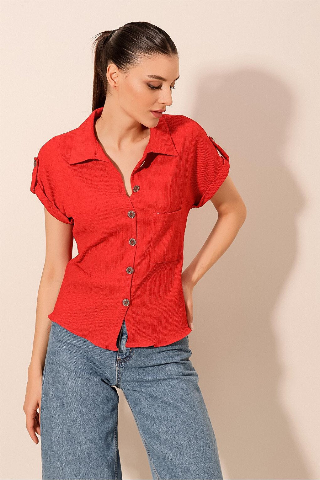 20182 - Double Sleeve Women's Crinkle Shirt - Red