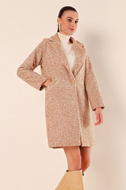 Women's Camel Single Button, Lined, Pocket, Wrapped Cashew Coat