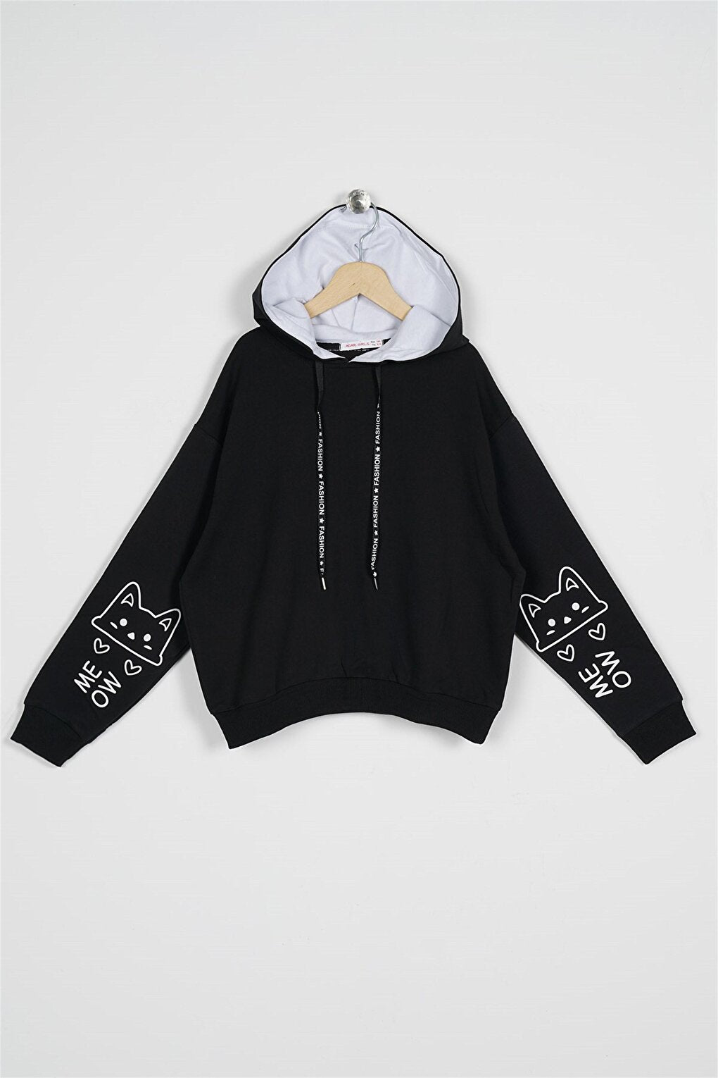 Girl's Black Colored Sleeve Detailed Meow Printed Hooded Sweatshirt