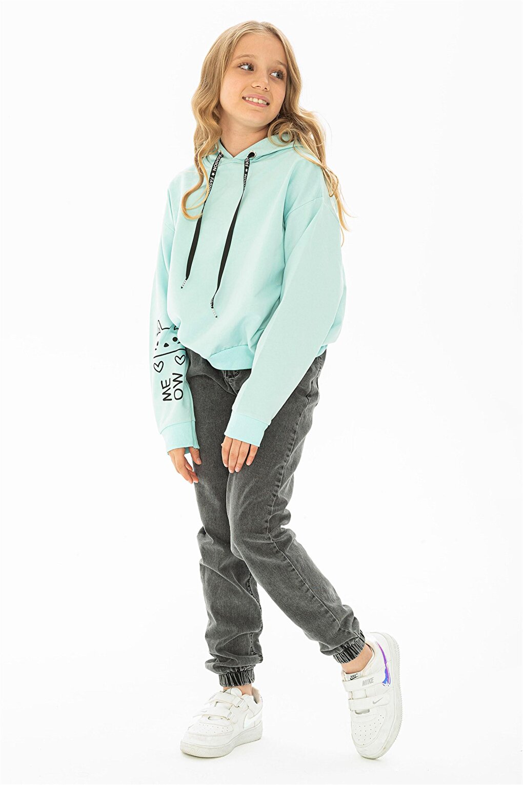 Girl's Mint Colored Sleeve Detailed Meow Printed Hooded Sweatshirt