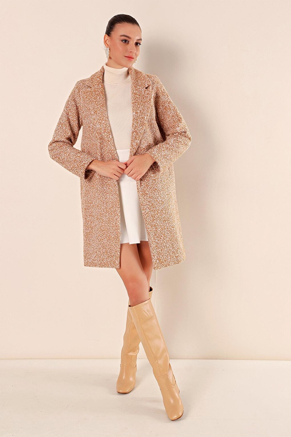 Women's Camel Single Button, Lined, Pocket, Wrapped Cashew Coat