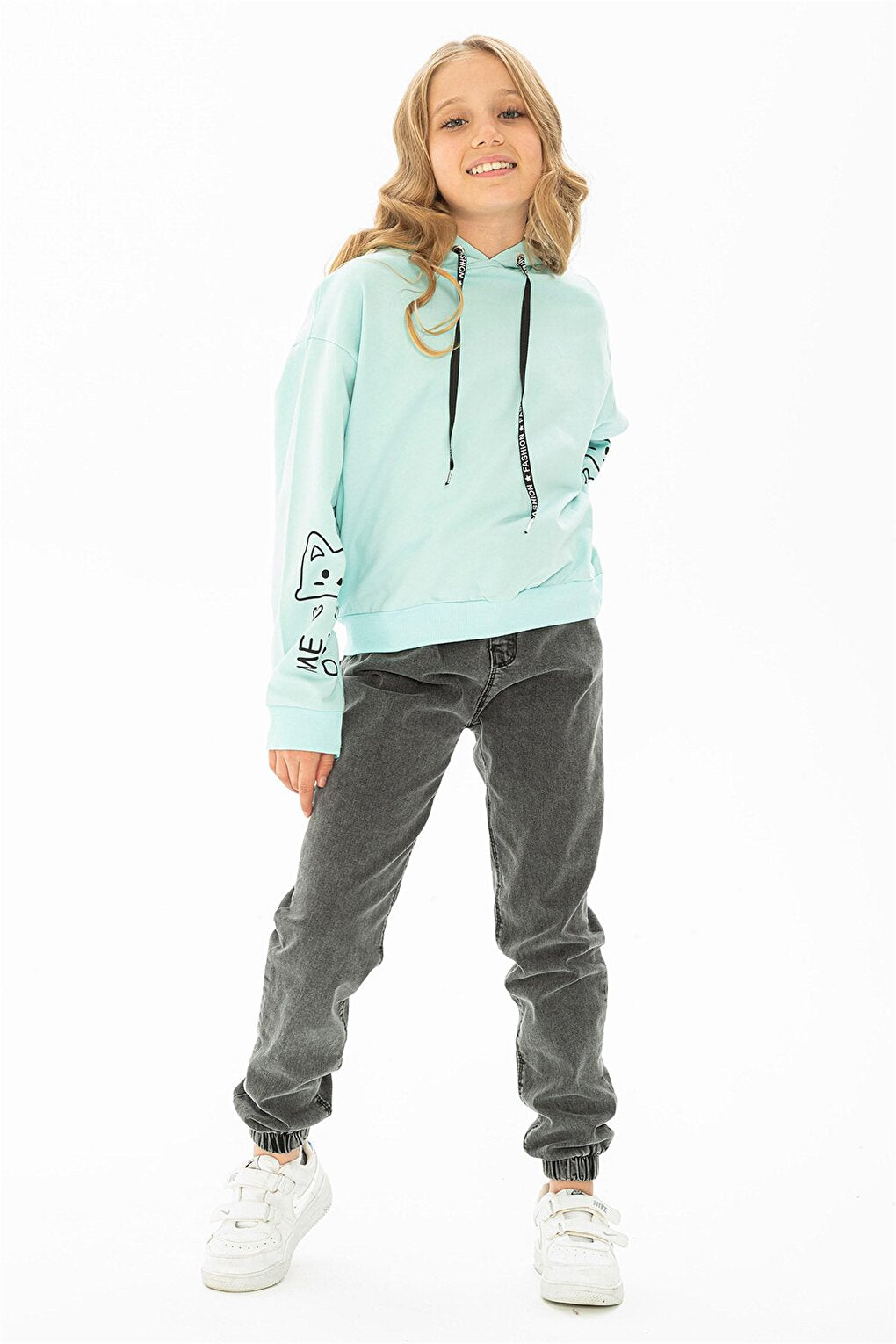 Girl's Mint Colored Sleeve Detailed Meow Printed Hooded Sweatshirt