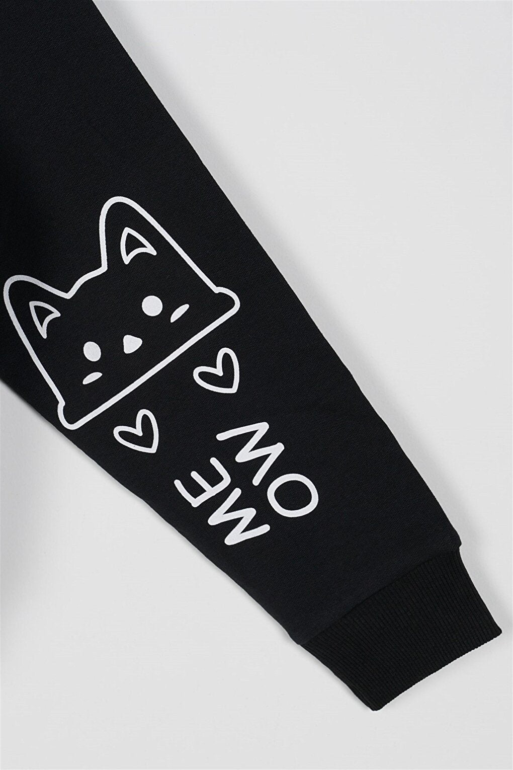 Girl's Black Colored Sleeve Detailed Meow Printed Hooded Sweatshirt