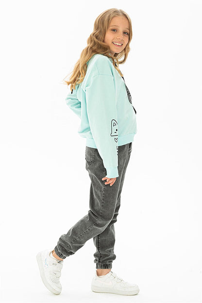 Girl's Mint Colored Sleeve Detailed Meow Printed Hooded Sweatshirt