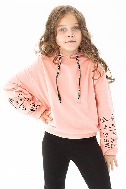 Girl's Salmon Colored Sleeve Detailed Meow Printed Hooded Sweatshirt